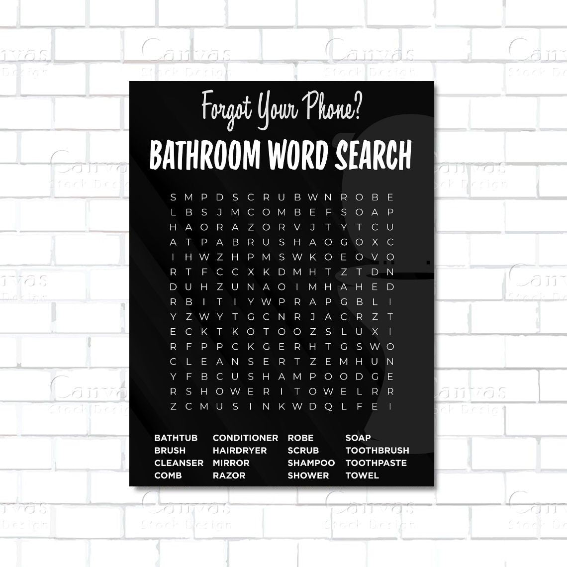 Bathroom word search – funny canvas wall art with hidden bathroom-themed words