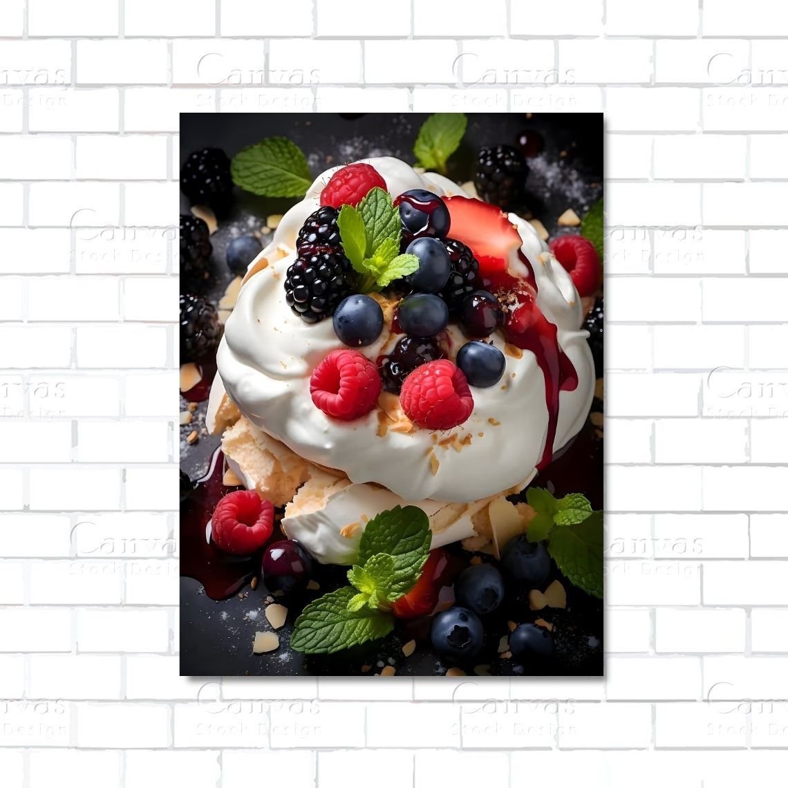 Berry Pavlova dessert with whipped cream and fresh berries – kitchen wall art canvas