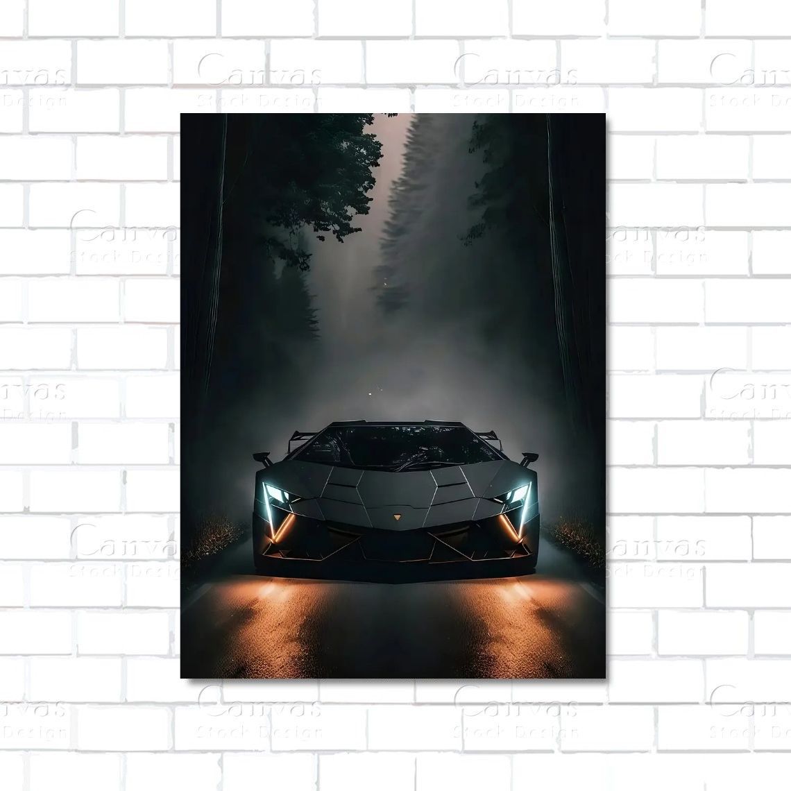 Black Lamborghini canvas wall art in fog – exotic supercar in misty atmosphere