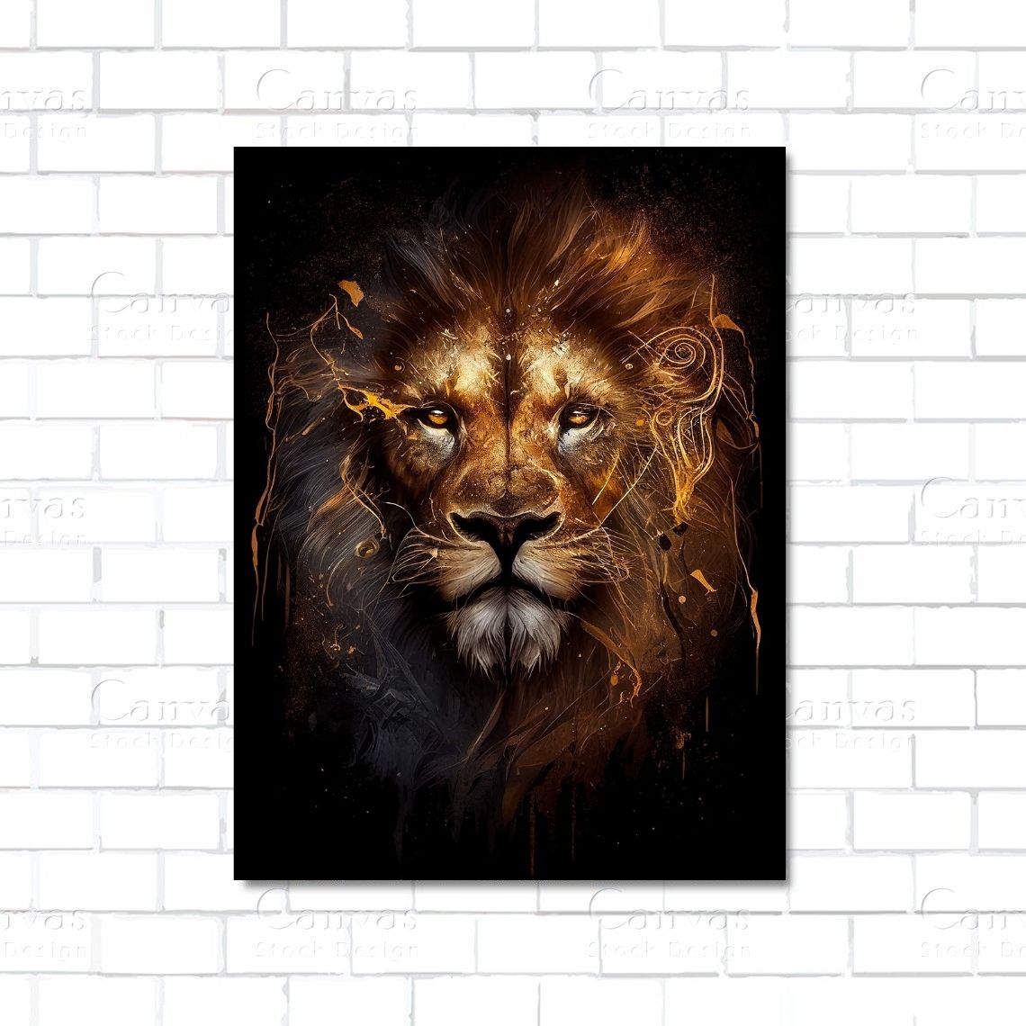 Framed artwork of a lion's face on a white brick wall background
