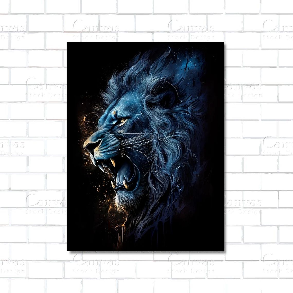 Blue lion painting on a white brick wall
