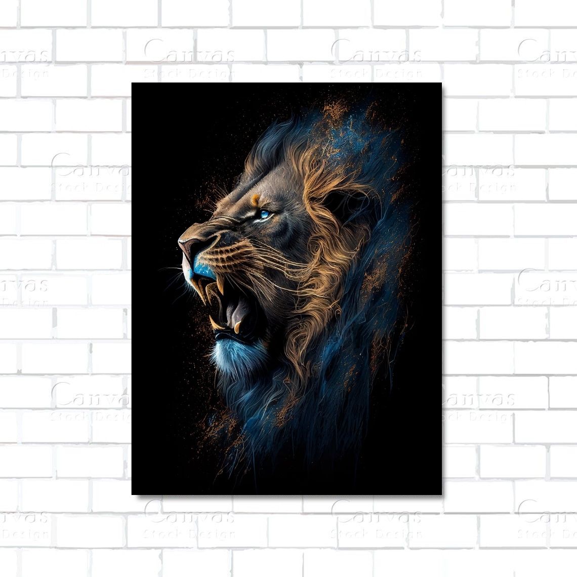 Framed artwork of a lion's head on a white brick wall background