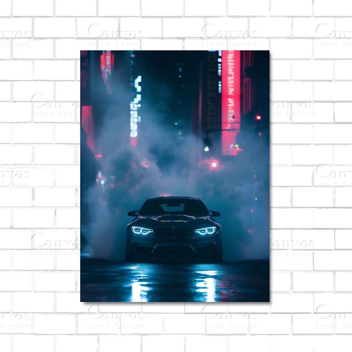 BMW M4 F82 burnout at night canvas wall art – city drift scene with tire smoke and neon lights