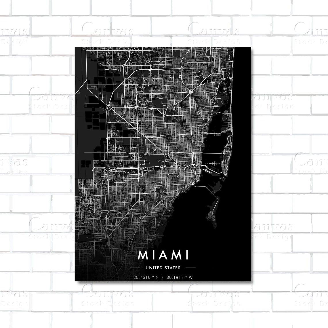 Miami city map canvas wall art – minimalist urban street layout print of Miami, Florida