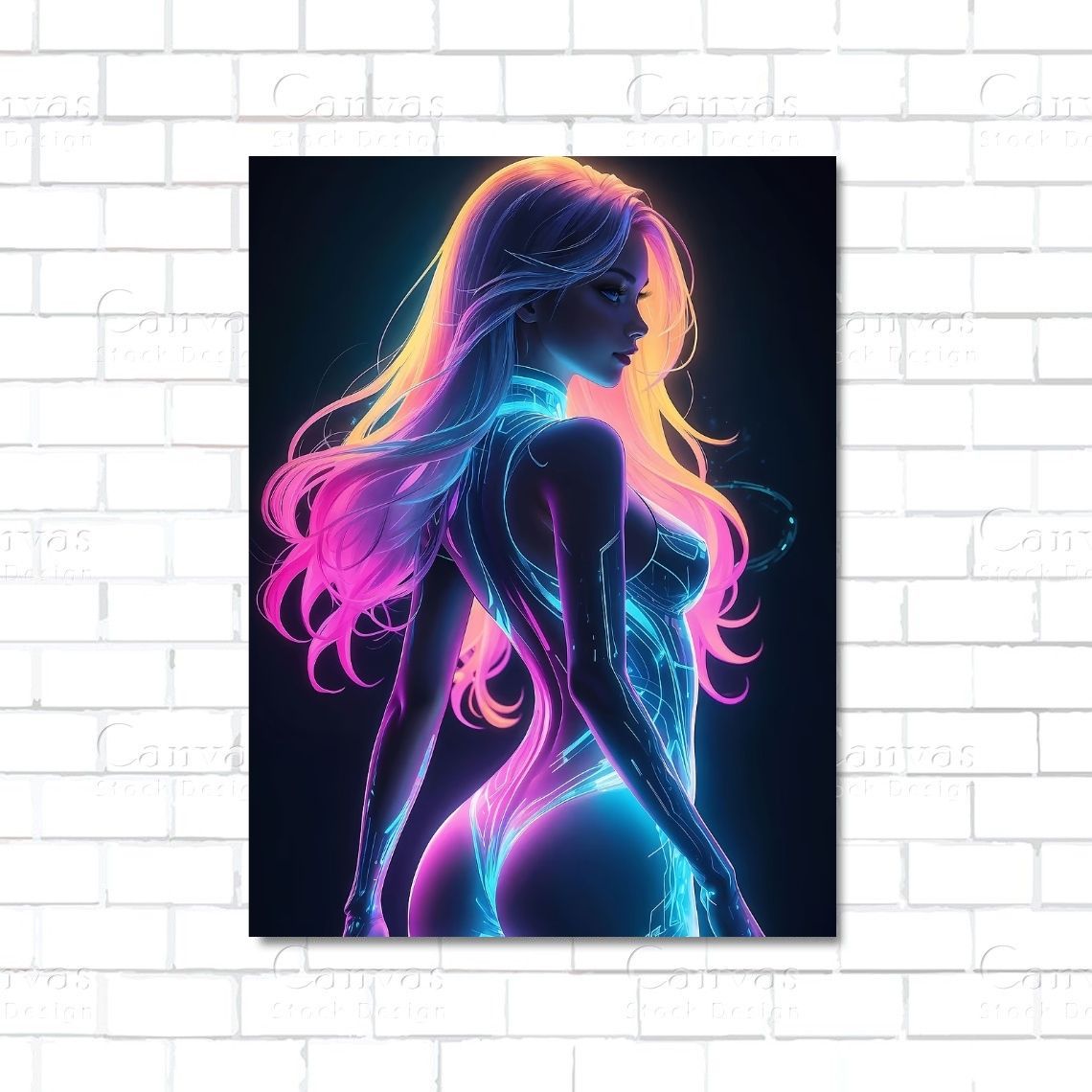 Sensual woman glowing under neon light – modern canvas wall art