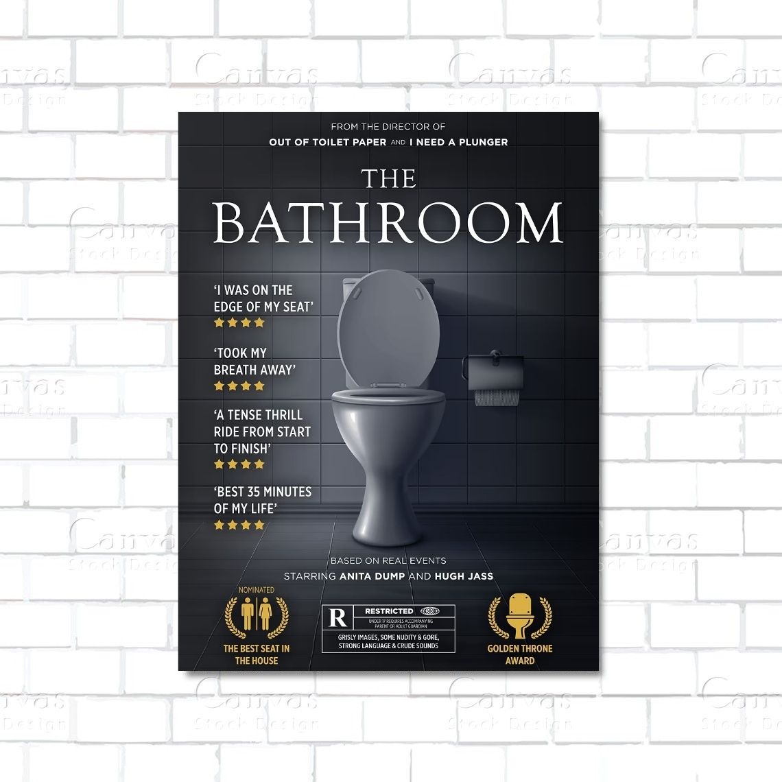 Movie poster for 'The Bathroom' with a toilet image on a white brick wall background