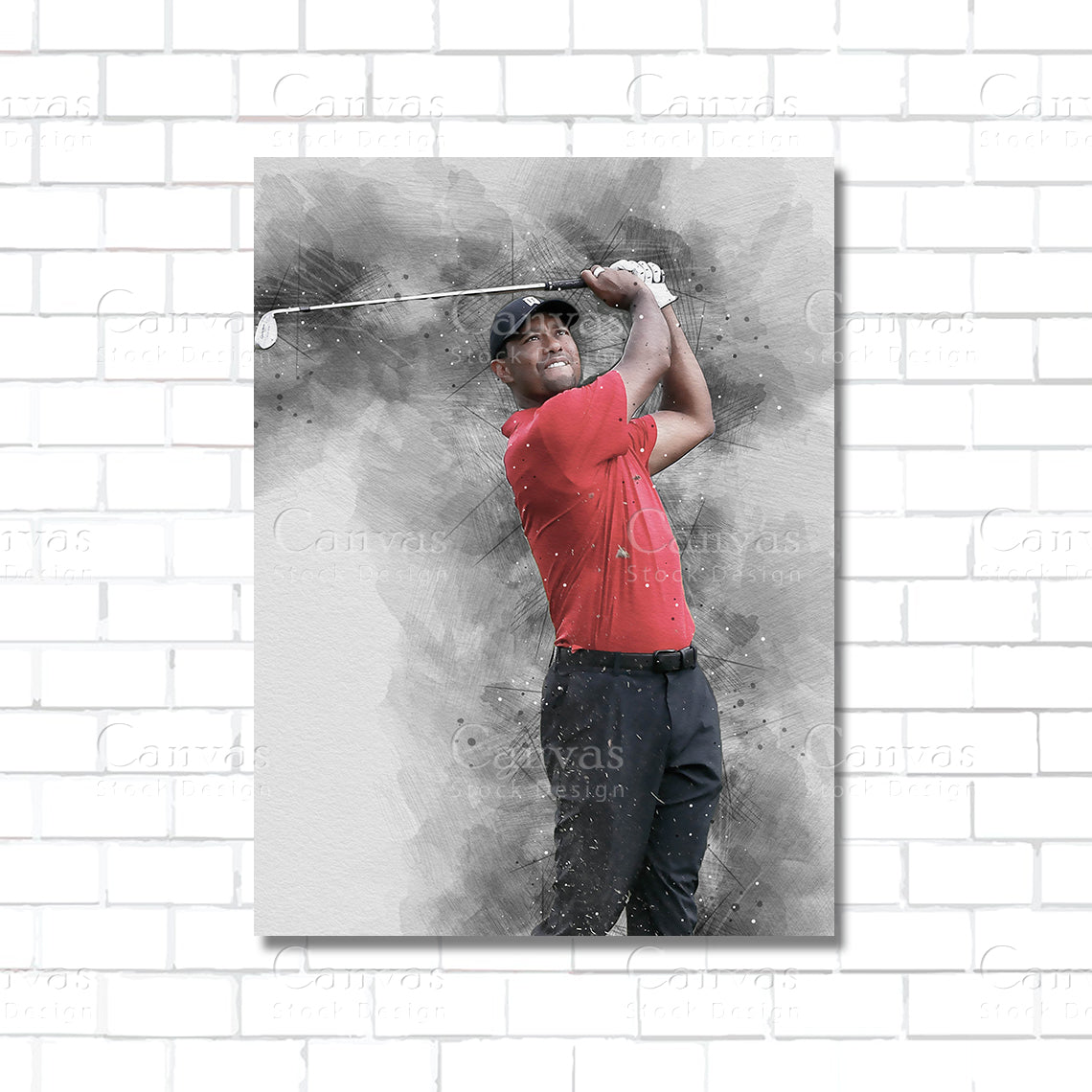 Golf player in red shirt swinging a golf club on a gray background
