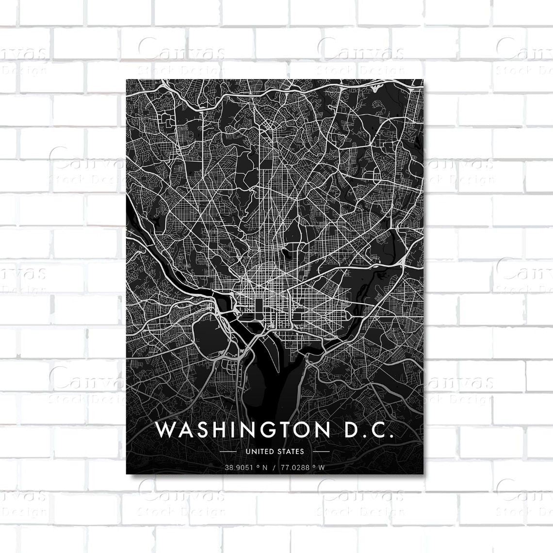 Washington city map canvas wall art – minimalist urban street layout of Washington, D.C.