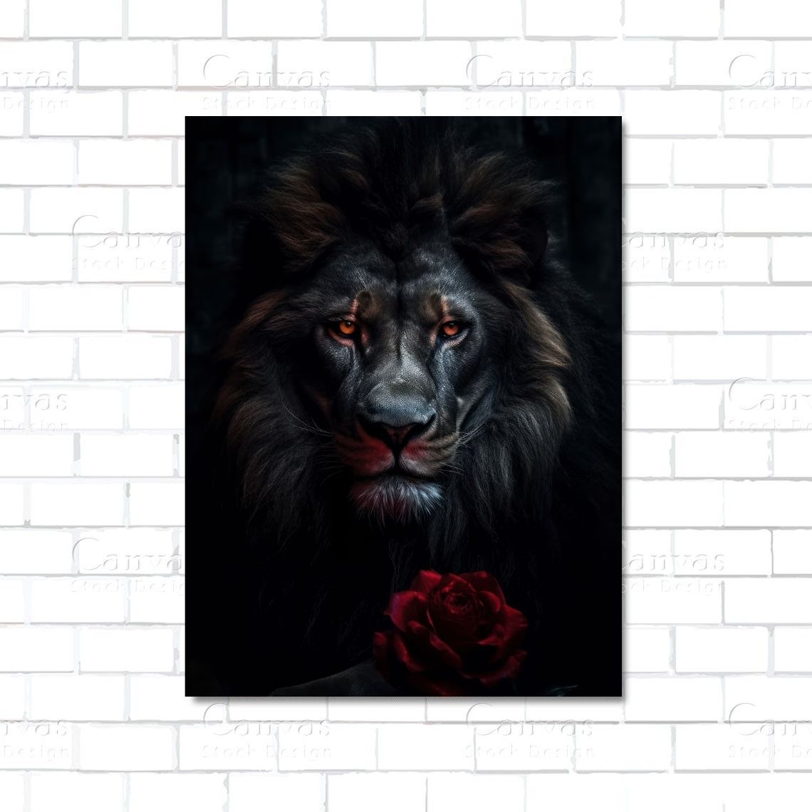 Black lion king with rose – powerful gothic canvas art combining royalty and romantic symbolism
