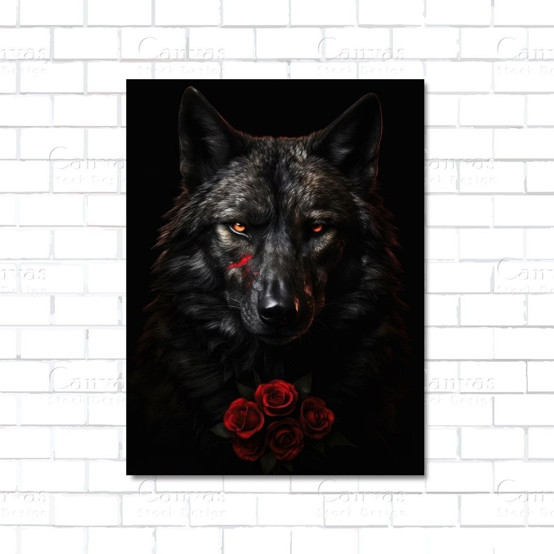 Black wolf with dark red rose – gothic canvas wall art symbolizing wild romance and mystery