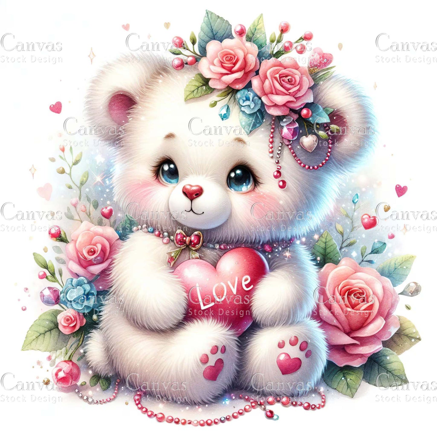 Watercolor teddy bear clipart, Polar bear clipart, Spring clipart, Valentines clipart, Valentine printable, Valentines crafts