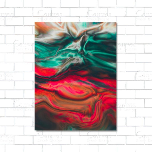 Abstract art print with swirling colors on a white brick wall background