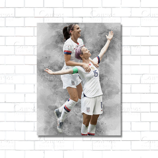 Alex Morgan and Megan Rapinoe soccer stars canvas wall art – soccer poster print for sports rooms and fan caves