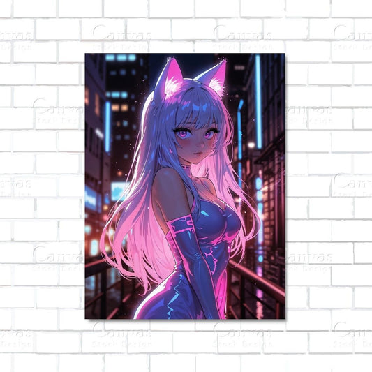 Anime girl in pink neon glow – vaporwave aesthetic canvas wall art