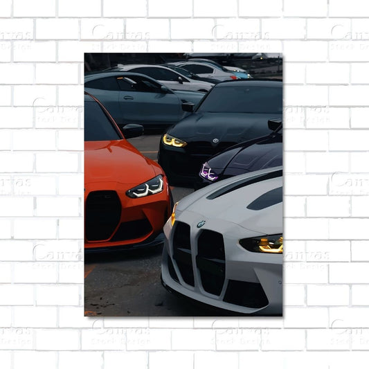 BMW lineup canvas wall art – classic and modern BMW cars in a row