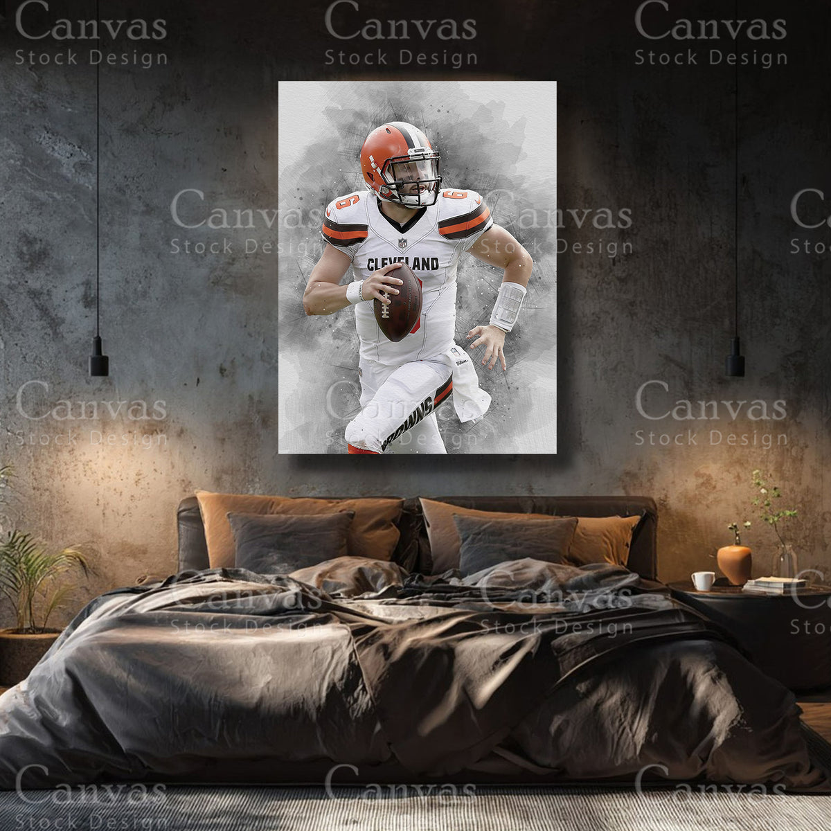 Baker Mayfield premium football canvas with black floating frame