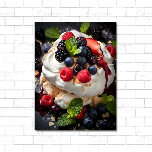 Berry Pavlova dessert with whipped cream and fresh berries – kitchen wall art canvas

