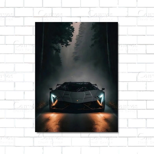 Black Lamborghini canvas wall art in fog – exotic supercar in misty atmosphere

