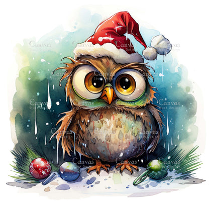 Christmas owl, Watercolour Christmas clipart, Winter clipart, Watercolor print, Watercolor bird, Digital paper, Christmas images