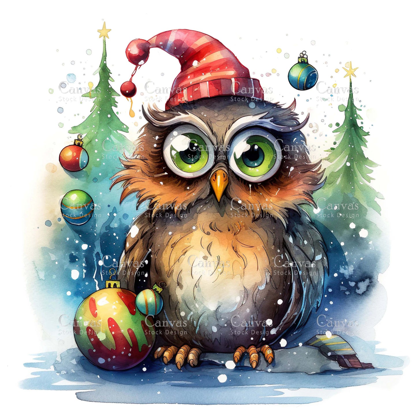 Christmas owl, Watercolour Christmas clipart, Winter clipart, Watercolor print, Watercolor bird, Digital paper, Christmas images