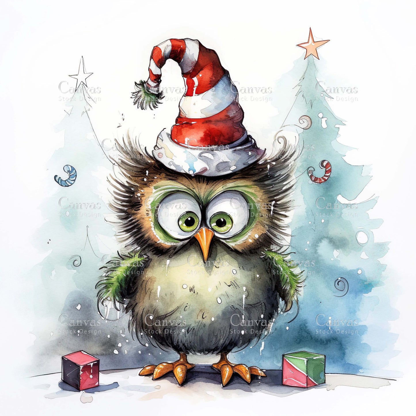 Christmas owl, Watercolour Christmas clipart, Winter clipart, Watercolor print, Watercolor bird, Digital paper, Christmas images