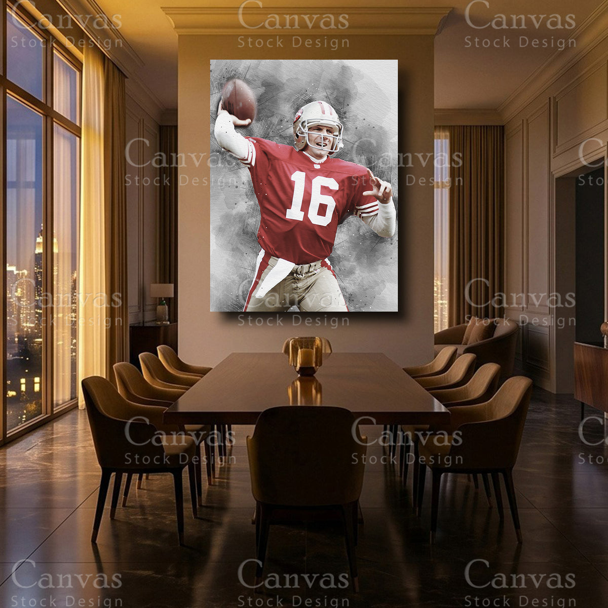 Classic quarterback themed Joe Montana canvas wall art