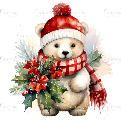 Christmas Bear, Watercolor, Jpgs, Bundle, Junk Journal, Christmas, Christmas Clipart, Digital Download