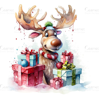 Christmas Moose, Watercolor, Jpgs, Bundle, Junk Journal, Christmas, Christmas Clipart, Digital Download