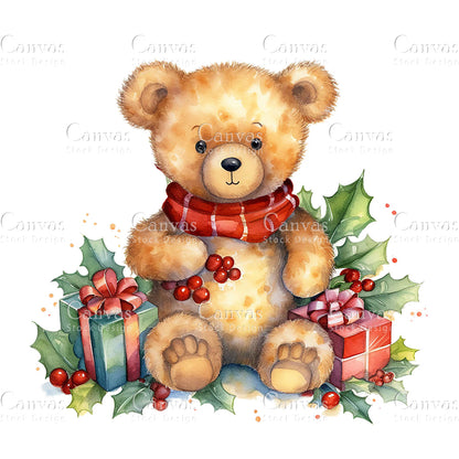 8 Christmas Teddy Bear, Watercolor, Jpgs, Bundle, Junk Journal, Christmas, Christmas Clipart, Digital Download