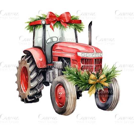 Christmas Tractor Clipart, Watercolor, Jpgs, Bundle, Junk Journal, Christmas, Christmas Clipart, Digital Download