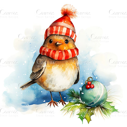 Christmas Robin, Watercolor, Jpgs, Bundle, Junk Journal, Christmas, Christmas Clipart, Digital Download