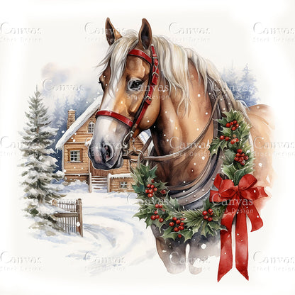 9 Christmas Horse Clipart, Watercolor, Jpgs, Bundle, Junk Journal, Christmas, Christmas Clipart, Digital Download