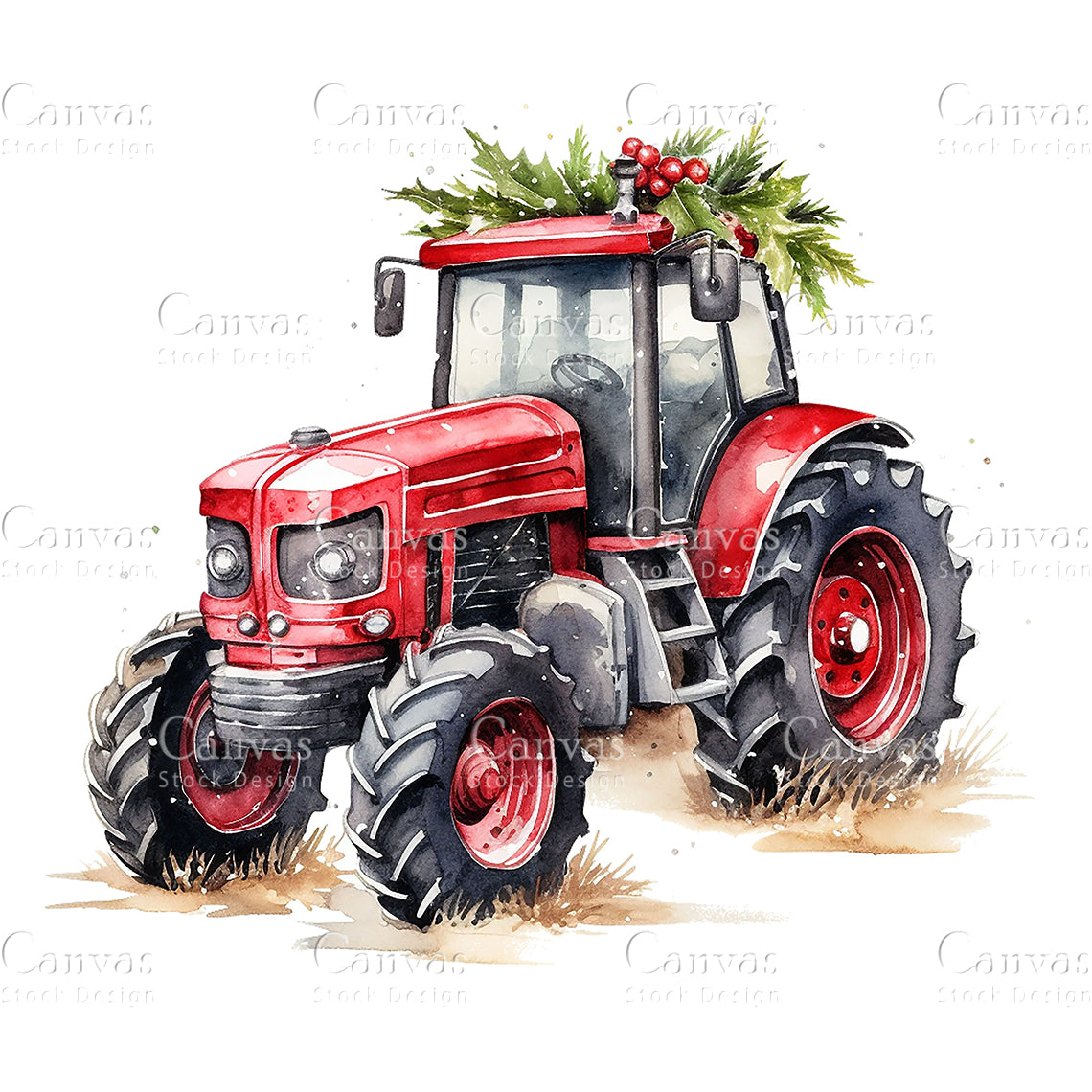 Christmas Tractor Clipart, Watercolor, Jpgs, Bundle, Junk Journal, Christmas, Christmas Clipart, Digital Download