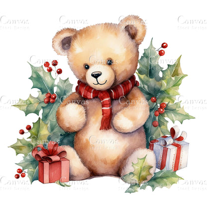 8 Christmas Teddy Bear, Watercolor, Jpgs, Bundle, Junk Journal, Christmas, Christmas Clipart, Digital Download