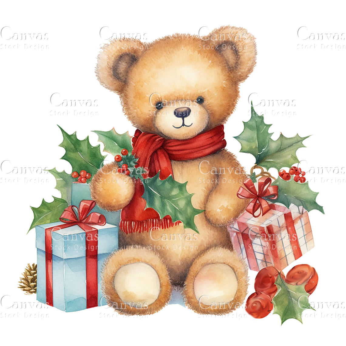 8 Christmas Teddy Bear, Watercolor, Jpgs, Bundle, Junk Journal, Christmas, Christmas Clipart, Digital Download