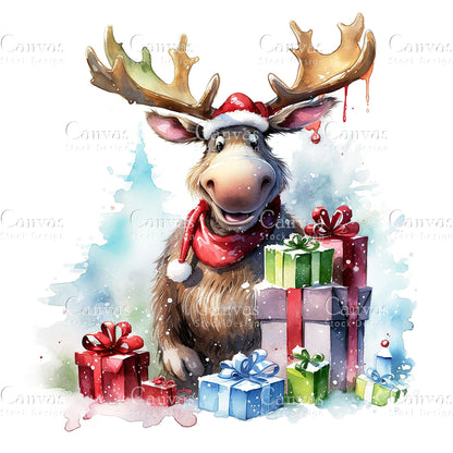 Christmas Moose, Watercolor, Jpgs, Bundle, Junk Journal, Christmas, Christmas Clipart, Digital Download