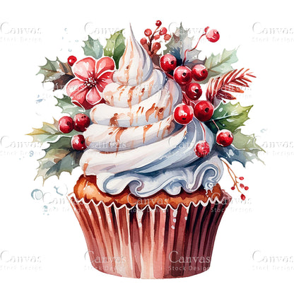 Christmas Cupcake Clipart, Watercolor, Jpgs, Bundle, Junk Journal, Christmas, Christmas Clipart, Digital Download