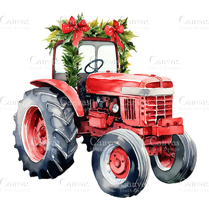 Christmas Tractor Clipart, Watercolor, Jpgs, Bundle, Junk Journal, Christmas, Christmas Clipart, Digital Download