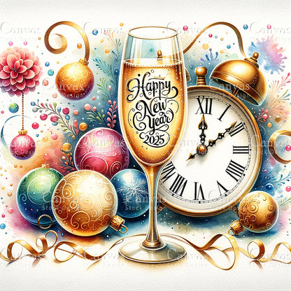 Happy New Year, Watercolor, Jpgs, Bundle, Junk Journal, Christmas, Christmas Clipart, Digital Download