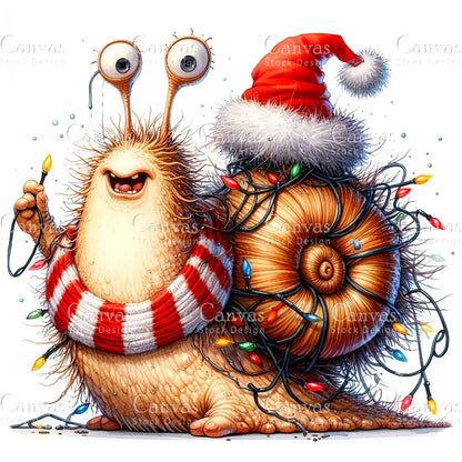 Christmas Quirky Snail, Watercolor, Jpgs, Bundle, Junk Journal, Christmas, Christmas Clipart, Digital Download