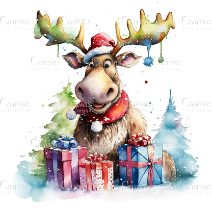 Christmas Moose, Watercolor, Jpgs, Bundle, Junk Journal, Christmas, Christmas Clipart, Digital Download