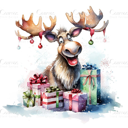 Christmas Moose, Watercolor, Jpgs, Bundle, Junk Journal, Christmas, Christmas Clipart, Digital Download