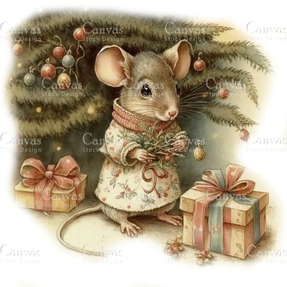 Christmas Mouse Clipart, Watercolor, Jpgs, Bundle, Junk Journal, Christmas, Christmas Clipart, Digital Download