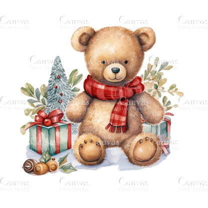 8 Christmas Teddy Bear, Watercolor, Jpgs, Bundle, Junk Journal, Christmas, Christmas Clipart, Digital Download