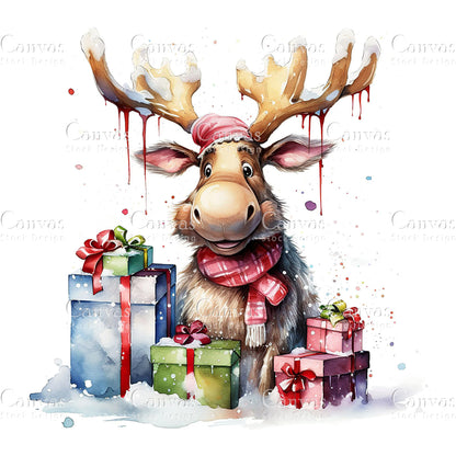 Christmas Moose, Watercolor, Jpgs, Bundle, Junk Journal, Christmas, Christmas Clipart, Digital Download