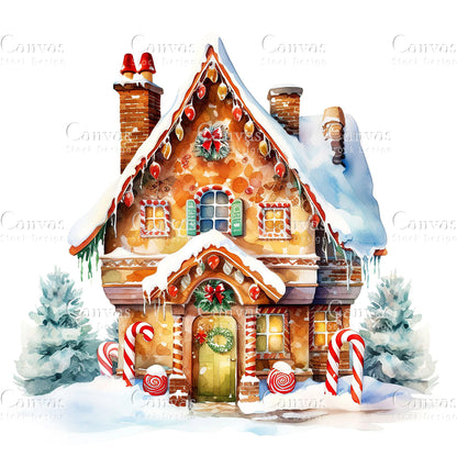 Gingerbread House, Watercolor, Jpgs, Bundle, Junk Journal, Christmas, Christmas Clipart, Digital Download