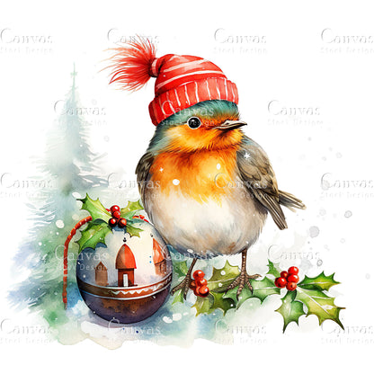 Christmas Robin, Watercolor, Jpgs, Bundle, Junk Journal, Christmas, Christmas Clipart, Digital Download