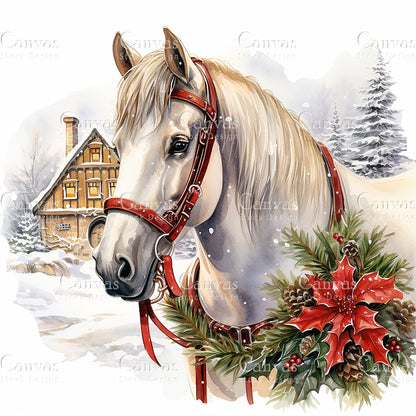 9 Christmas Horse Clipart, Watercolor, Jpgs, Bundle, Junk Journal, Christmas, Christmas Clipart, Digital Download