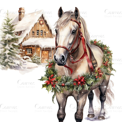 9 Christmas Horse Clipart, Watercolor, Jpgs, Bundle, Junk Journal, Christmas, Christmas Clipart, Digital Download