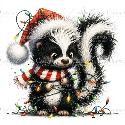 Christmas Quirky Skunk, Watercolor, Jpgs, Bundle, Junk Journal, Christmas, Christmas Clipart, Digital Download